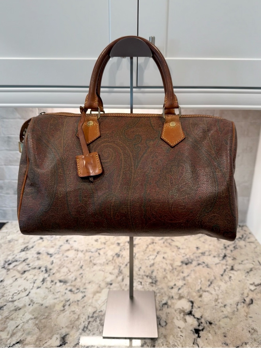 Etro Milano EUC Vintage Brown Paisley Leather Satchel w/Lock & Key and Tag